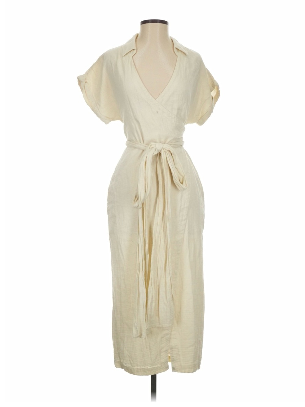 L'Academie Cream V-Neck Midi Wrap Dress with Tie Waist 100% Cotton